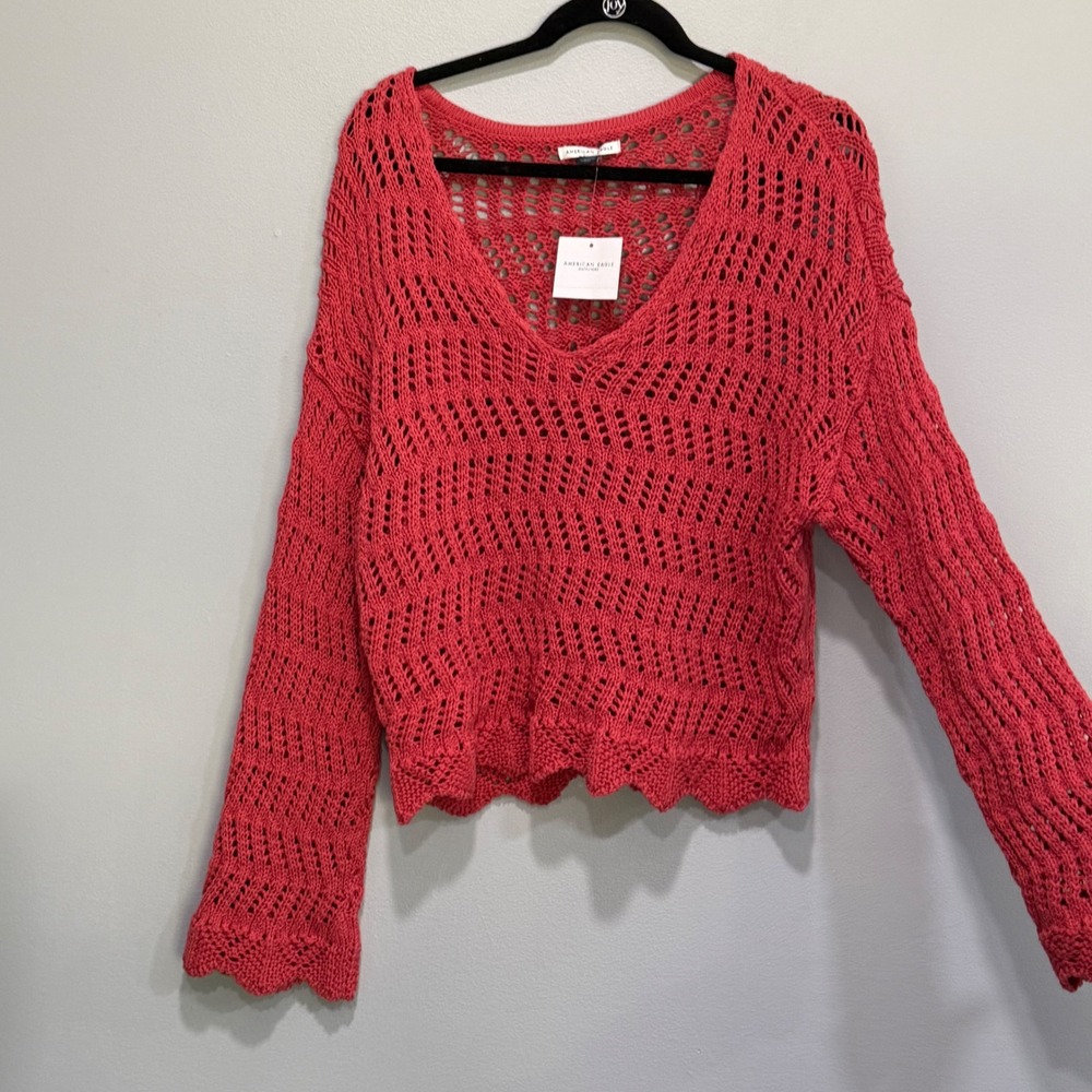 American Eagle Women M Coral Pink Crochet Open Knit V-Neck boho Sweater‎ NEW - Picture 3 of 7